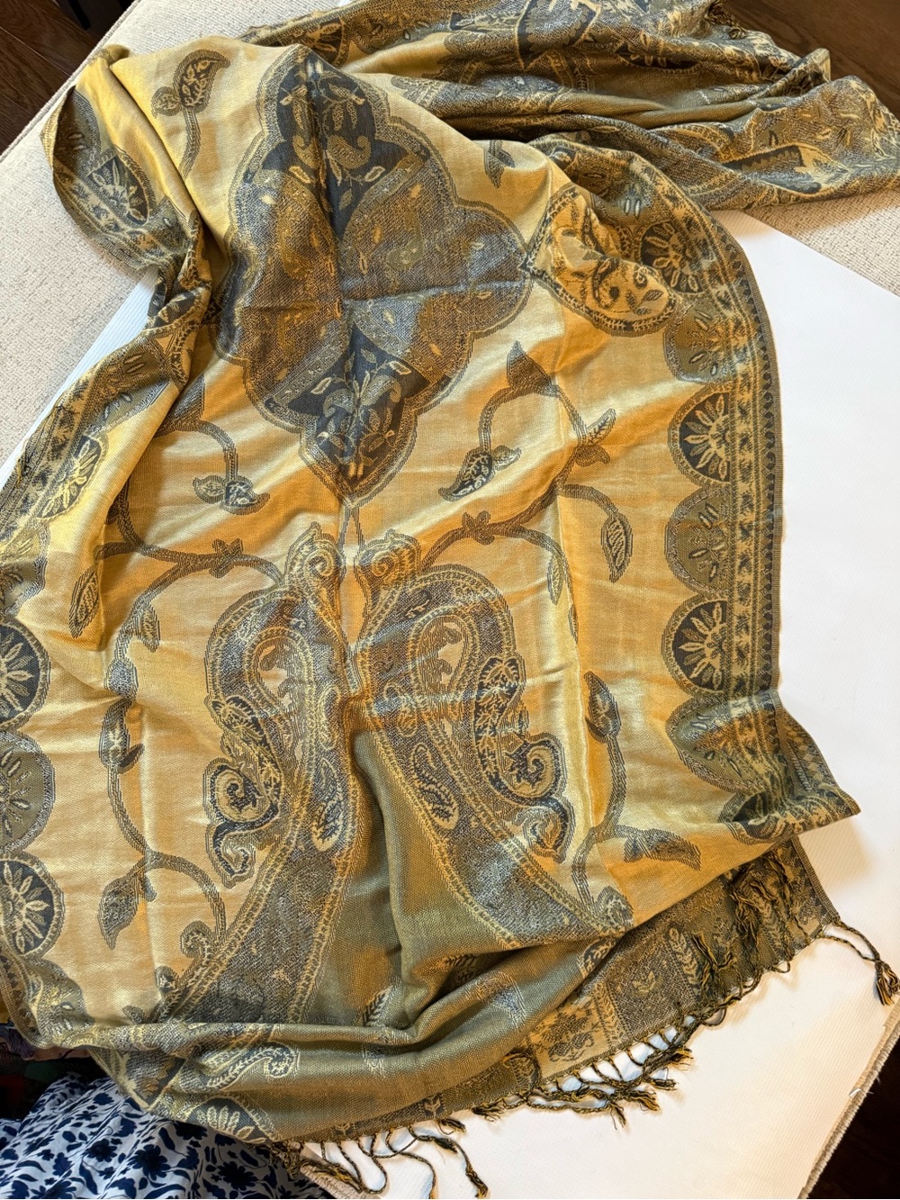 Pashmina Gold and Olive Paisley Shawl Scarf